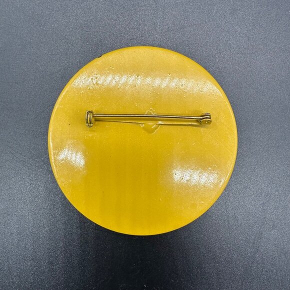 Vintage Brooch Pin 1960s Atomic Moon Orange Yellow Cut Out Dots Metal Enamel - Picture 4 of 9